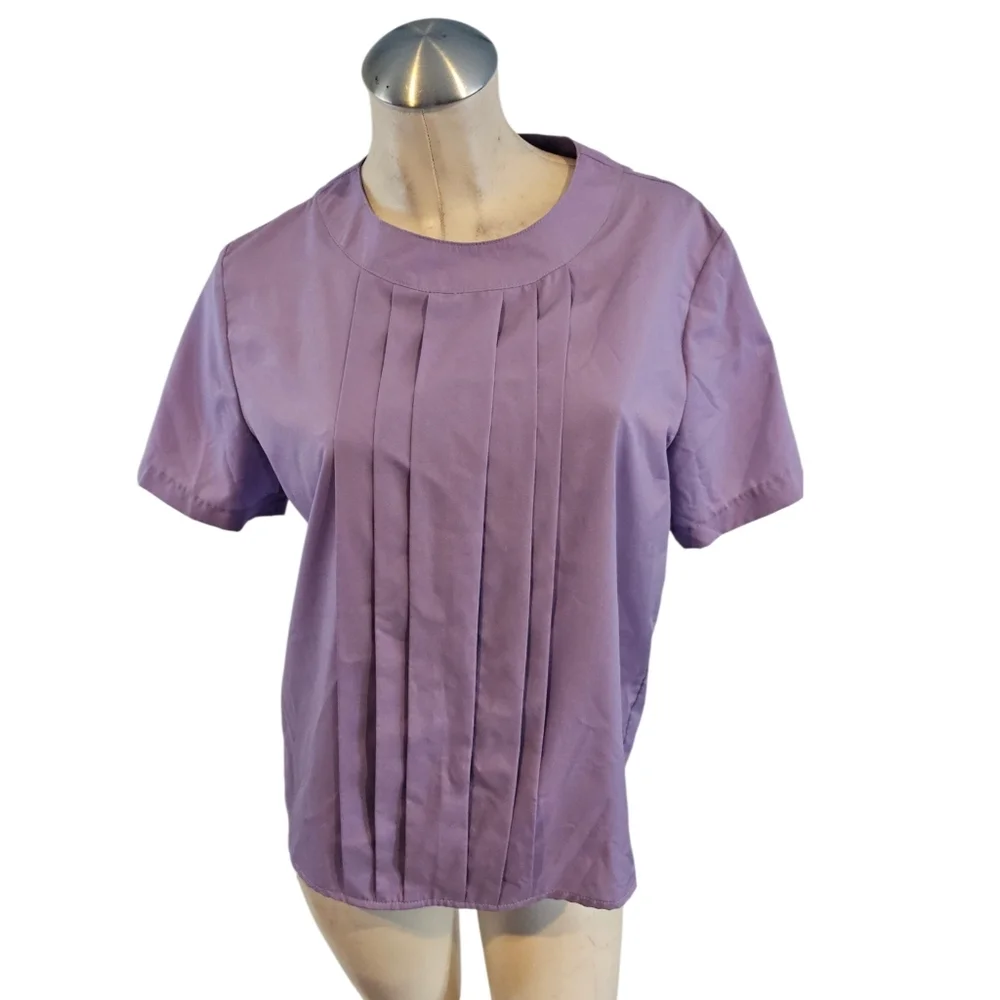 Vintage Purple Blouse Pintucked Size 10P Short Sleeve